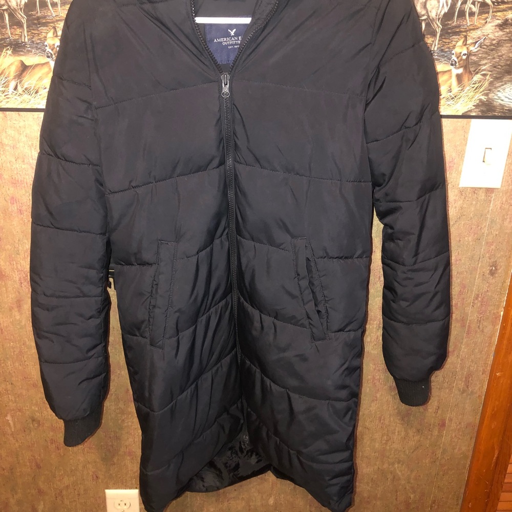 American Eagle Women’s Long Line Black Winter Hooded Jacket